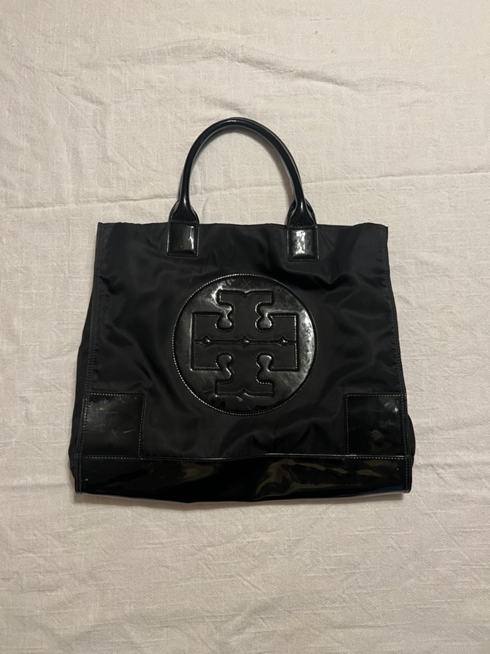 Tory Burch Ella Patent Black Nylon Tote with Glossy Logo Accent